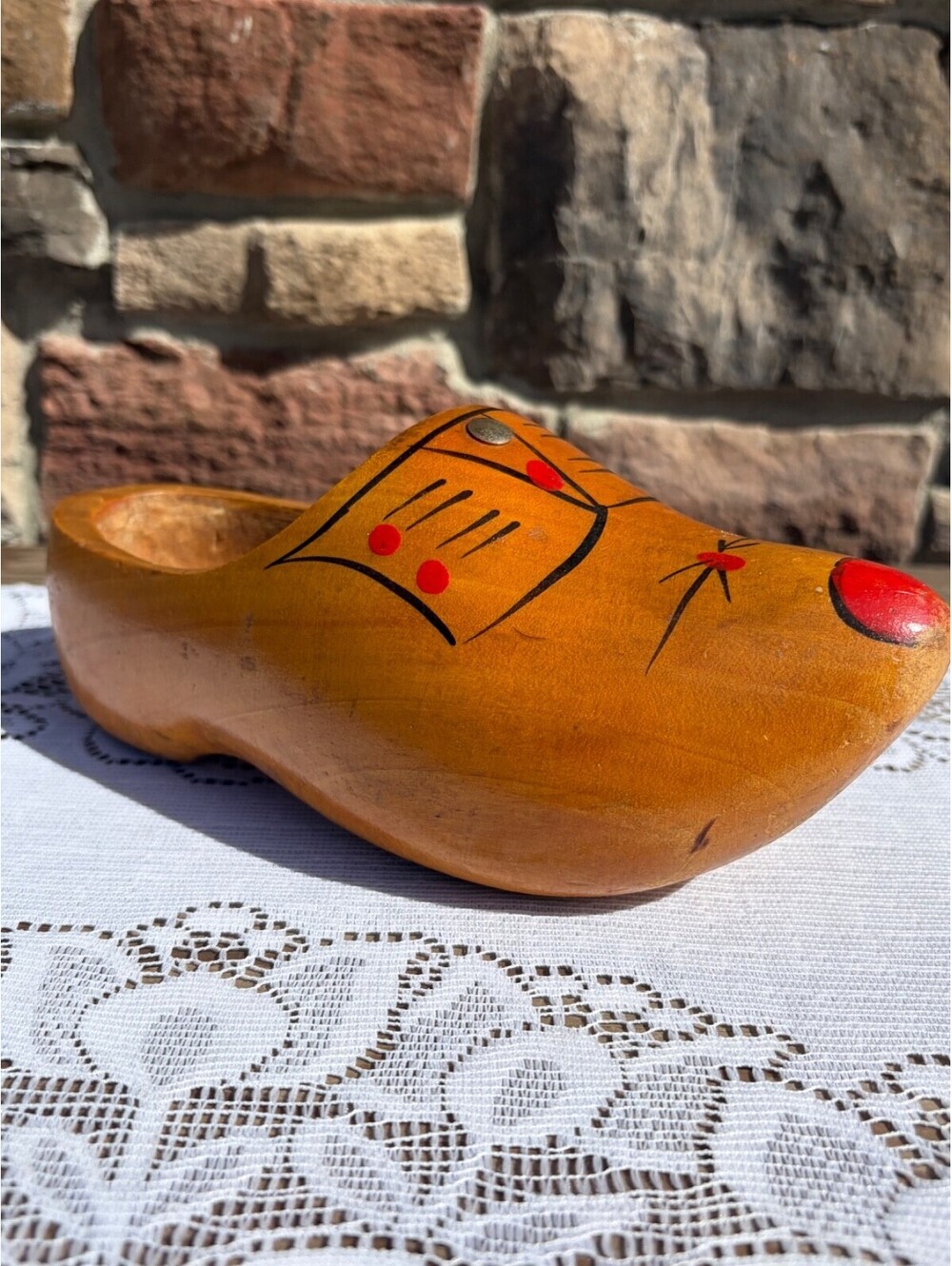 Vintage Hand Painted Dutch Wooden Clog Shoe 8" Mouse Folk Art Souvenir Single